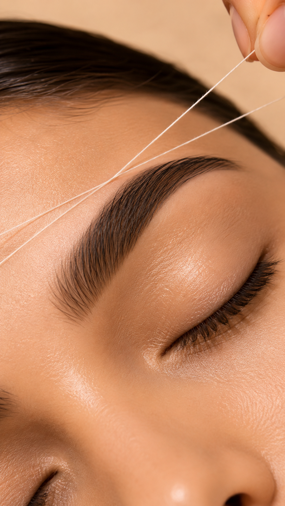 Aesthetician threading eyebrows